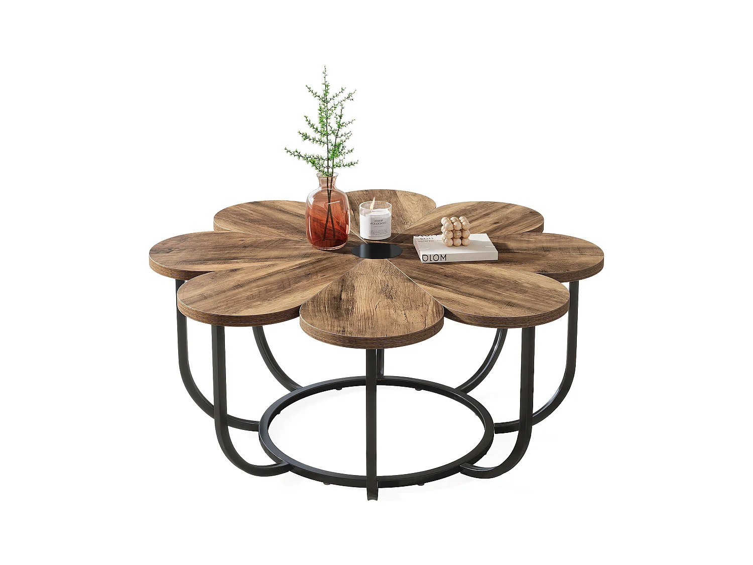 Braun und schwarz gefärbte niedrige Tabelle, 100 cm moderne Zusatztabelle mit blumenförmigem Holzplattform und Metallrahmen für Wohnzimmer, Schlafzimmer