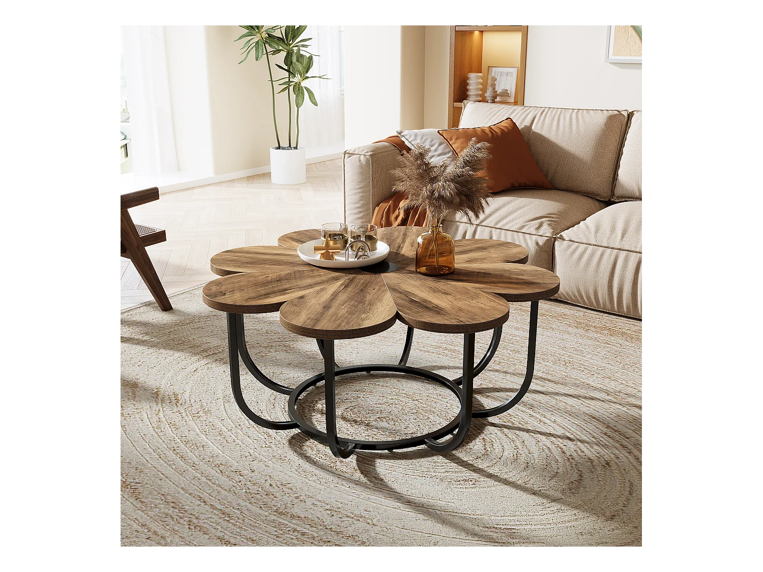 Braun und schwarz gefärbte niedrige Tabelle, 100 cm moderne Zusatztabelle mit blumenförmigem Holzplattform und Metallrahmen für Wohnzimmer, Schlafzimmer