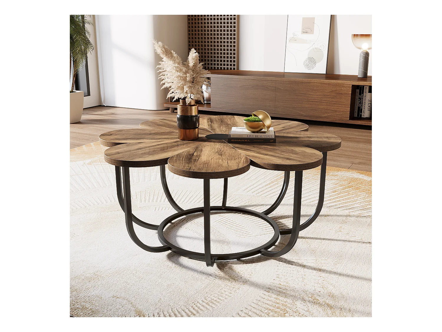Braun und schwarz gefärbte niedrige Tabelle, 100 cm moderne Zusatztabelle mit blumenförmigem Holzplattform und Metallrahmen für Wohnzimmer, Schlafzimmer