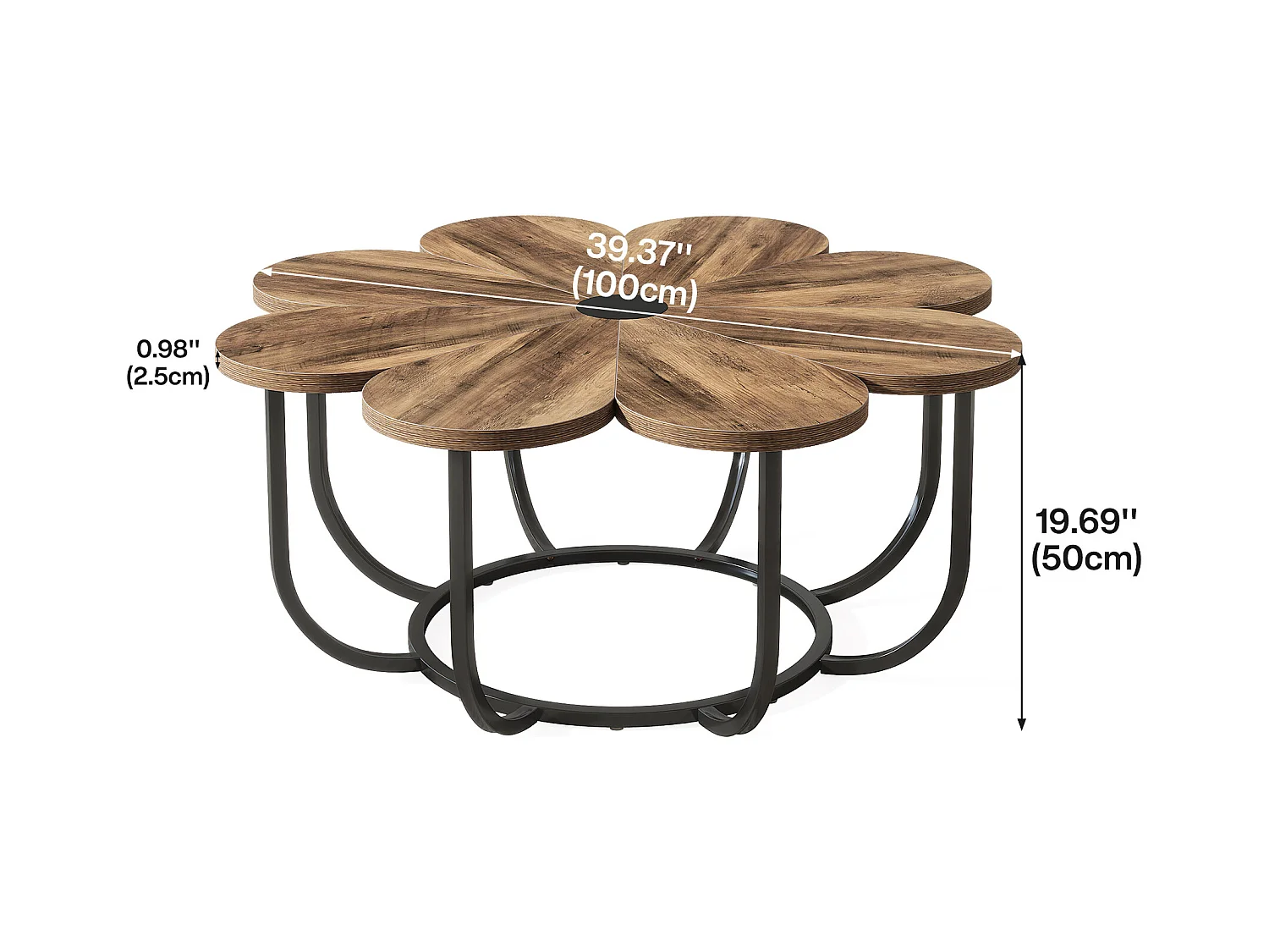 Table Basse Marron et Noir, 100 cm Table d'appoint Moderne avec Plateau en Bois en Forme de Fleur et Cadre en Métal pour Salon, Chambre à Coucher