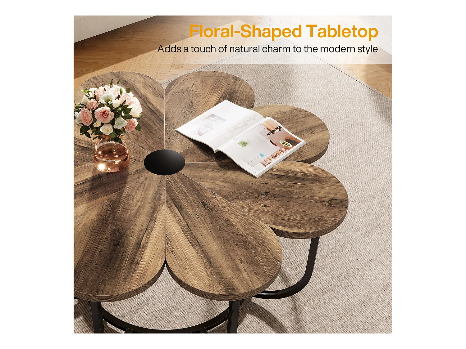 Table Basse Marron et Noir, 100 cm Table d'appoint Moderne avec Plateau en Bois en Forme de Fleur et Cadre en Métal pour Salon, Chambre à Coucher