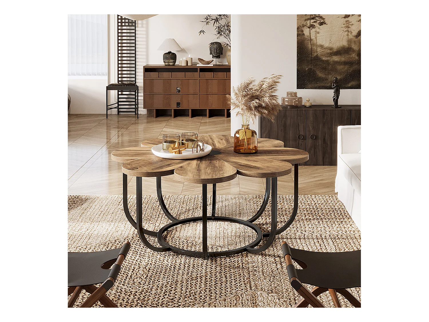 Table Basse Marron et Noir, 100 cm Table d'appoint Moderne avec Plateau en Bois en Forme de Fleur et Cadre en Métal pour Salon, Chambre à Coucher