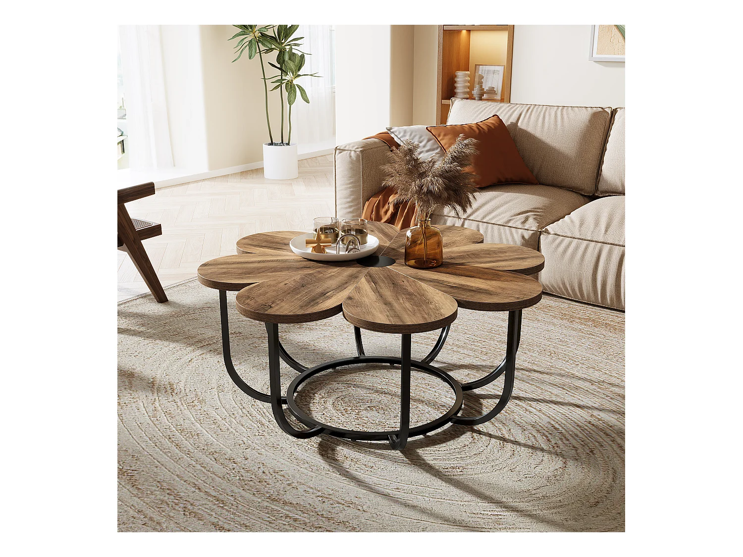 Table Basse Marron et Noir, 100 cm Table d'appoint Moderne avec Plateau en Bois en Forme de Fleur et Cadre en Métal pour Salon, Chambre à Coucher