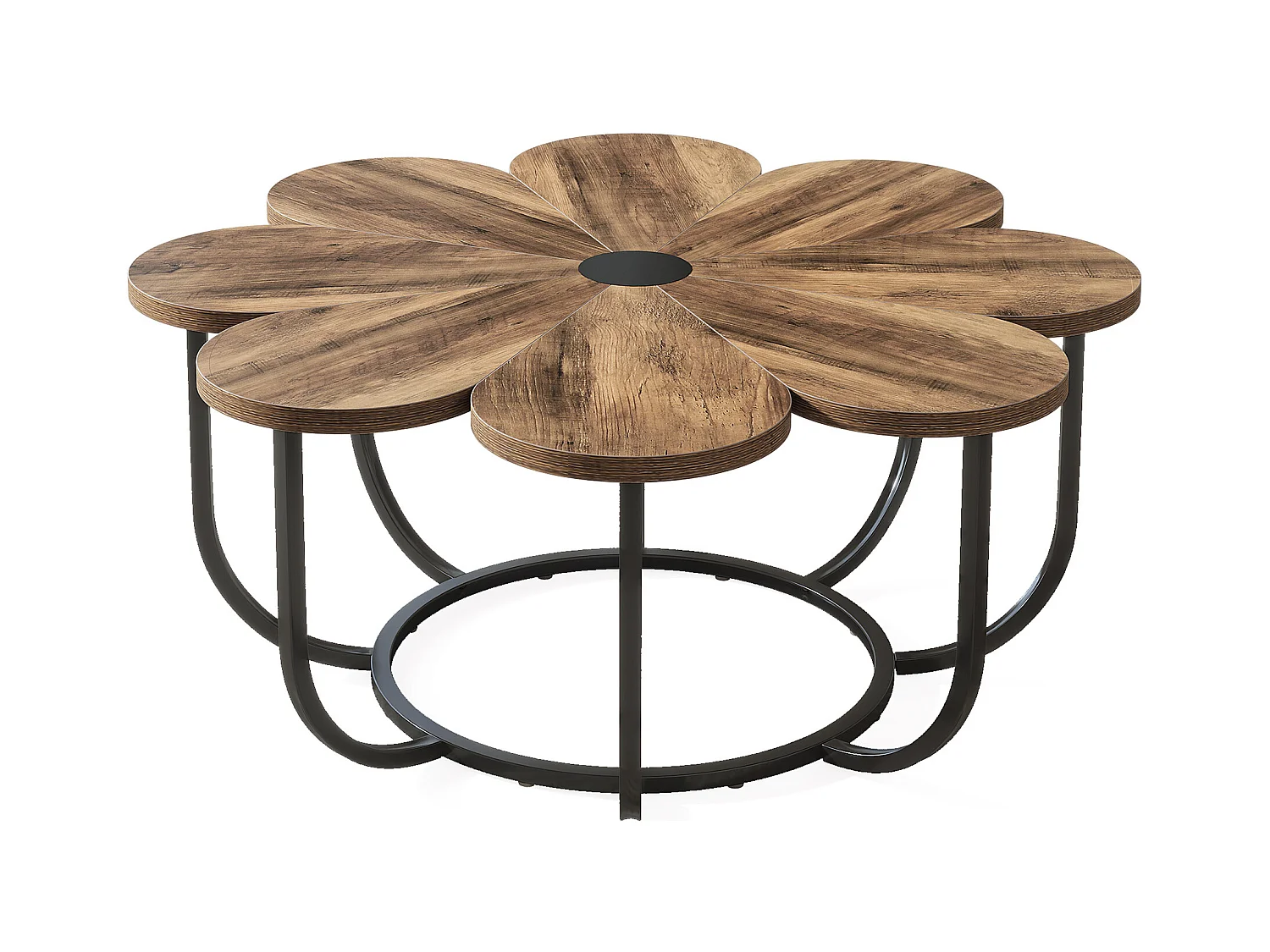 Table Basse Marron et Noir, 100 cm Table d'appoint Moderne avec Plateau en Bois en Forme de Fleur et Cadre en Métal pour Salon, Chambre à Coucher