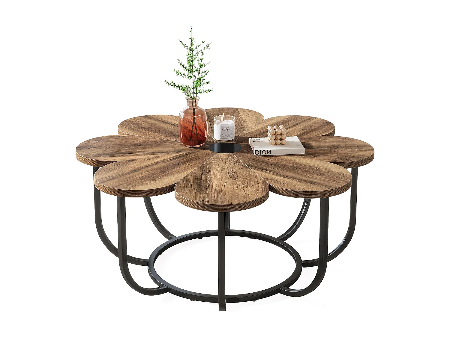 Table Basse Marron et Noir, 100 cm Table d'appoint Moderne avec Plateau en Bois en Forme de Fleur et Cadre en Métal pour Salon, Chambre à Coucher