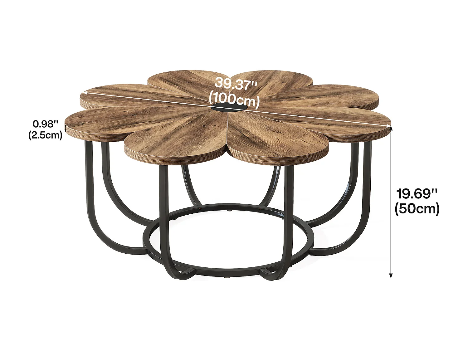 Table Basse Marron et Noir, 100 cm Table d'appoint Moderne avec Plateau en Bois en Forme de Fleur et Cadre en Métal pour Salon, Chambre à Coucher