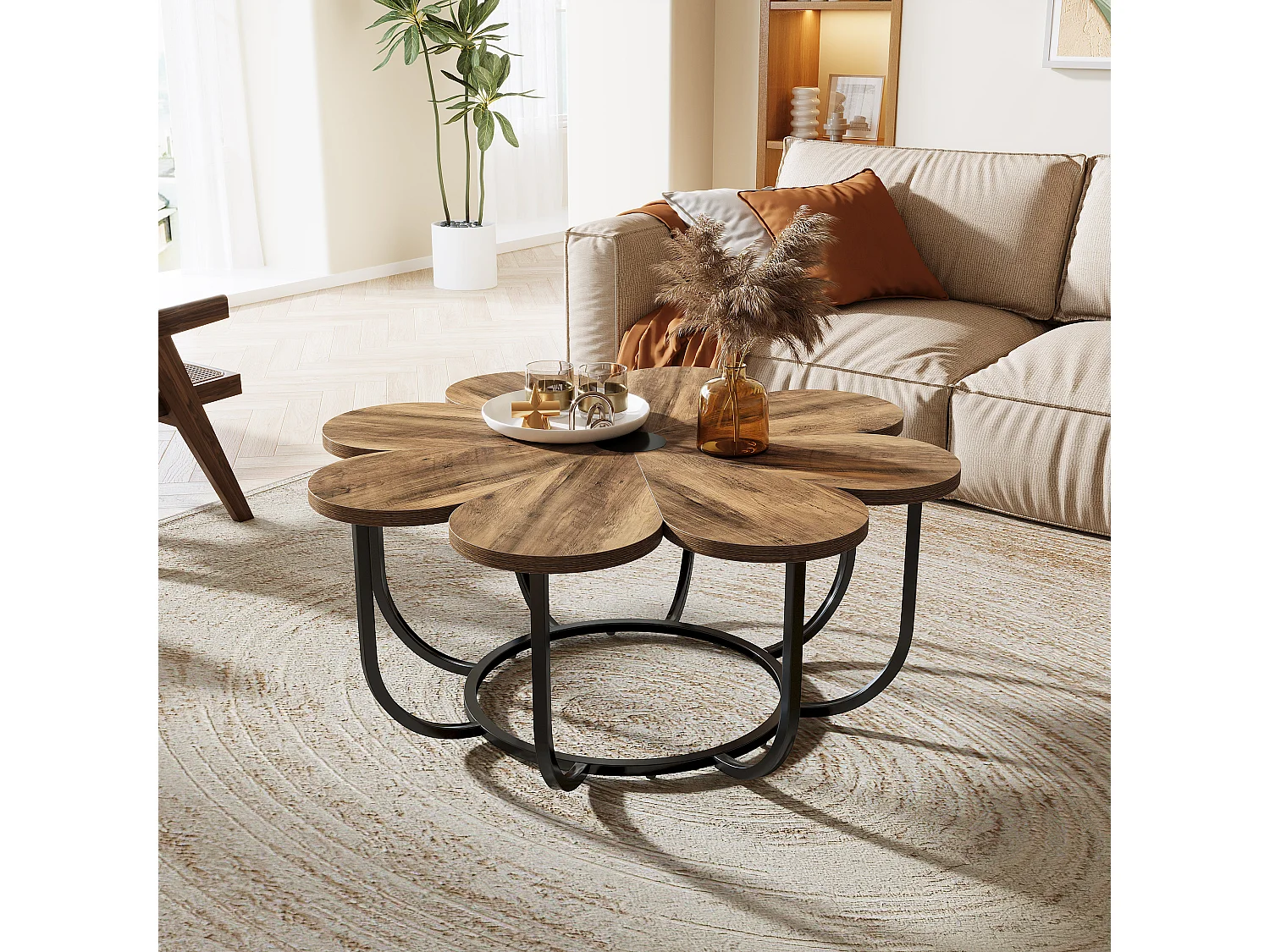 Table Basse Marron et Noir, 100 cm Table d'appoint Moderne avec Plateau en Bois en Forme de Fleur et Cadre en Métal pour Salon, Chambre à Coucher