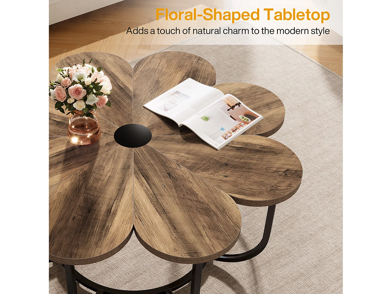 Table Basse Marron et Noir, 100 cm Table d'appoint Moderne avec Plateau en Bois en Forme de Fleur et Cadre en Métal pour Salon, Chambre à Coucher