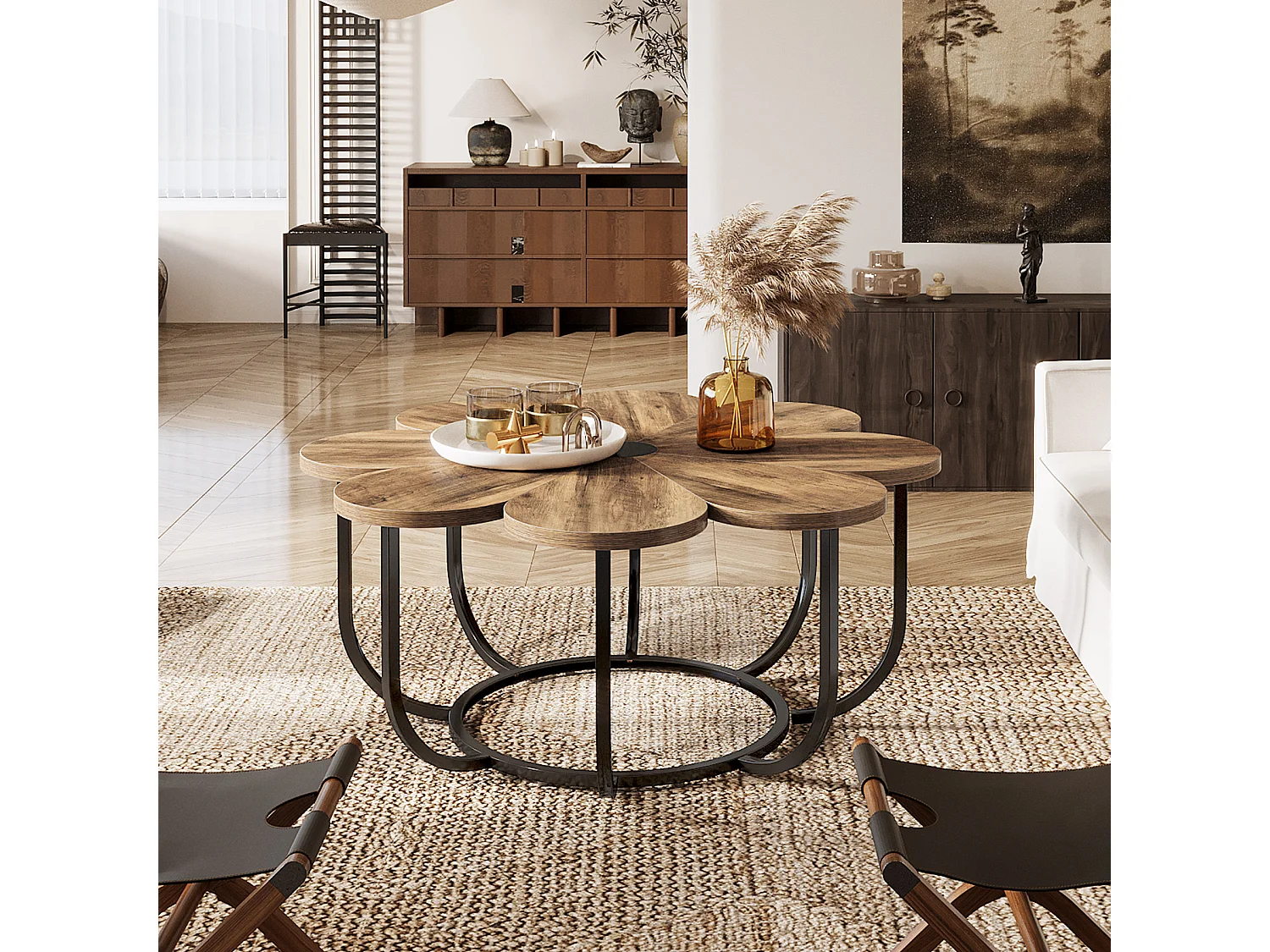 Table Basse Marron et Noir, 100 cm Table d'appoint Moderne avec Plateau en Bois en Forme de Fleur et Cadre en Métal pour Salon, Chambre à Coucher