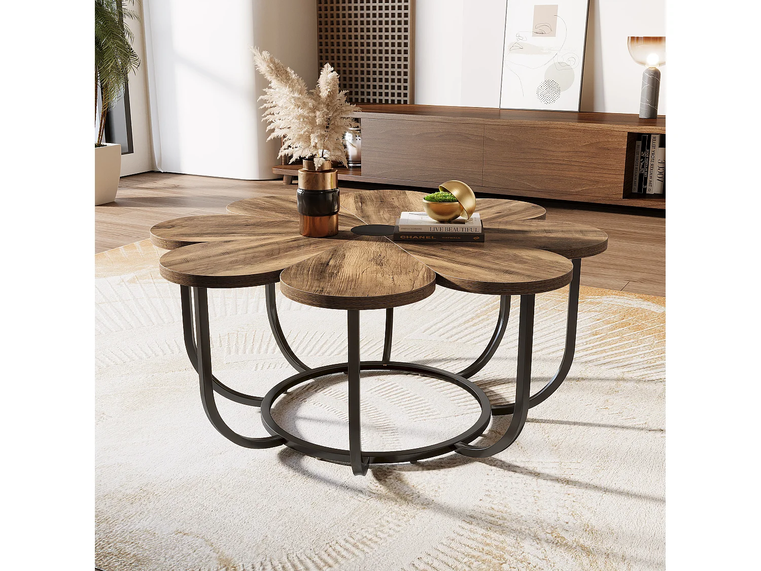 Table Basse Marron et Noir, 100 cm Table d'appoint Moderne avec Plateau en Bois en Forme de Fleur et Cadre en Métal pour Salon, Chambre à Coucher