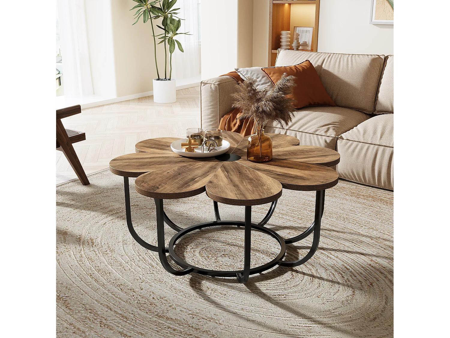 Table Basse Marron et Noir, 100 cm Table d'appoint Moderne avec Plateau en Bois en Forme de Fleur et Cadre en Métal pour Salon, Chambre à Coucher