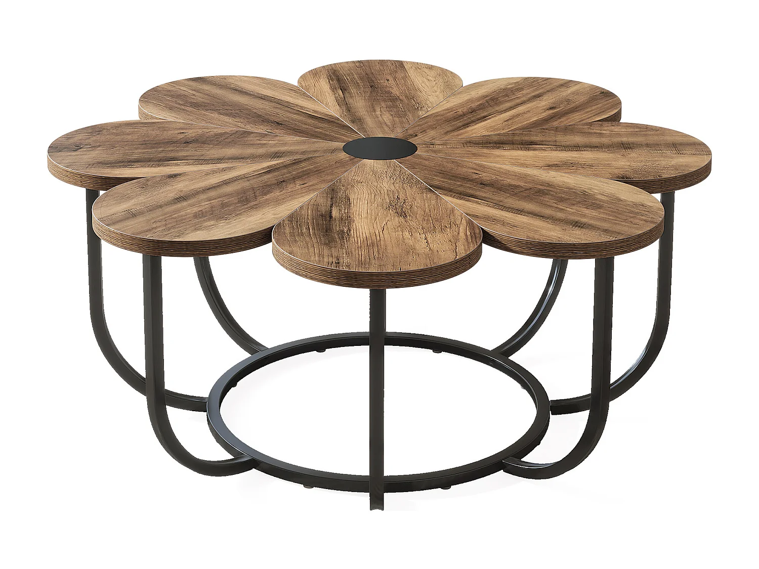 Table Basse Marron et Noir, 100 cm Table d'appoint Moderne avec Plateau en Bois en Forme de Fleur et Cadre en Métal pour Salon, Chambre à Coucher