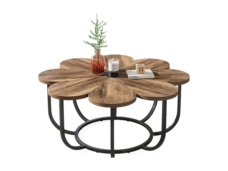 Table Basse Marron et Noir, 100 cm Table d'appoint Moderne avec Plateau en Bois en Forme de Fleur et Cadre en Métal pour Salon, Chambre à Coucher