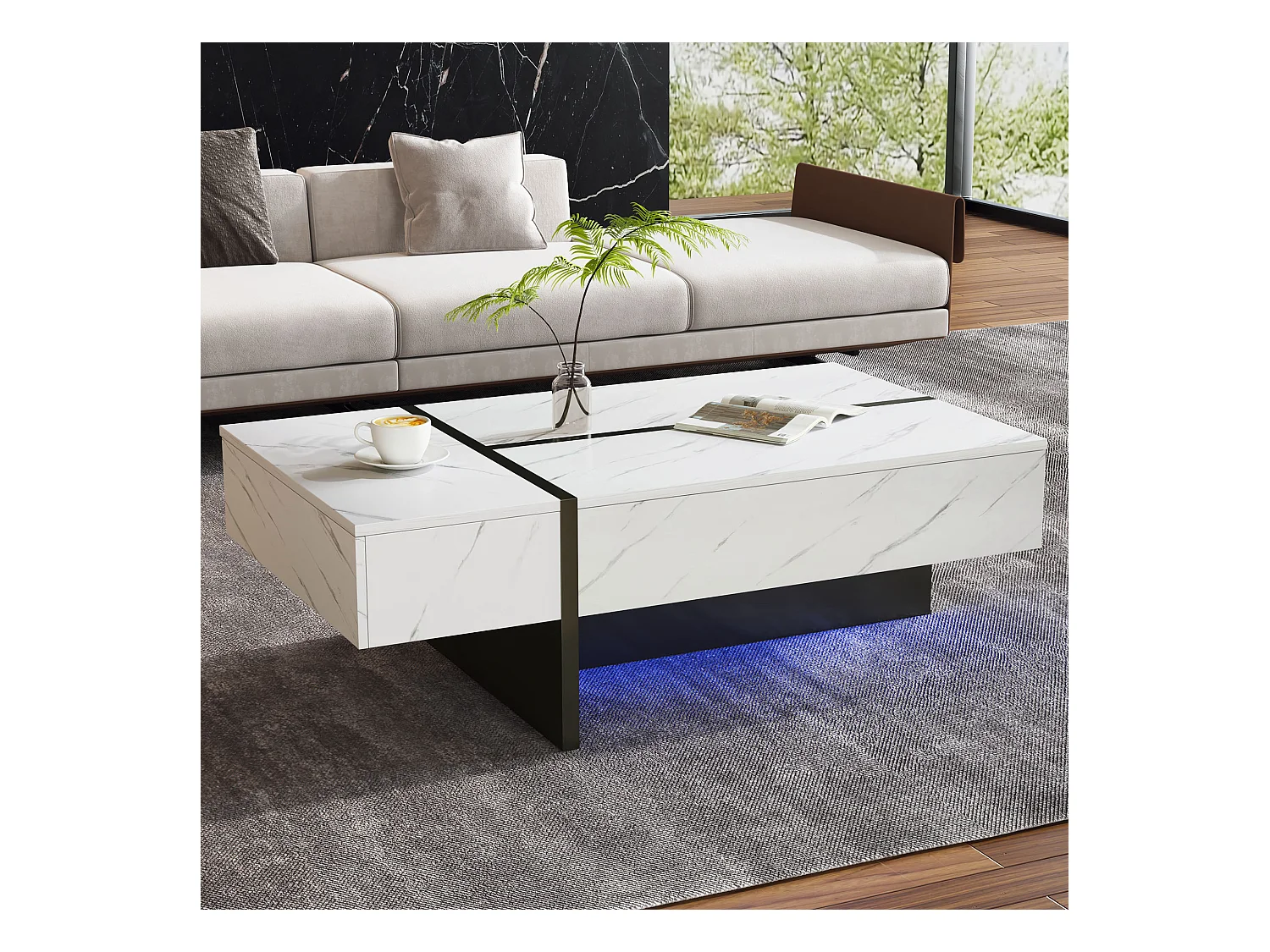 Table basse avec 3 tiroirs 105x60 cm, Éclairage LED, plateau en placage marbre blanc