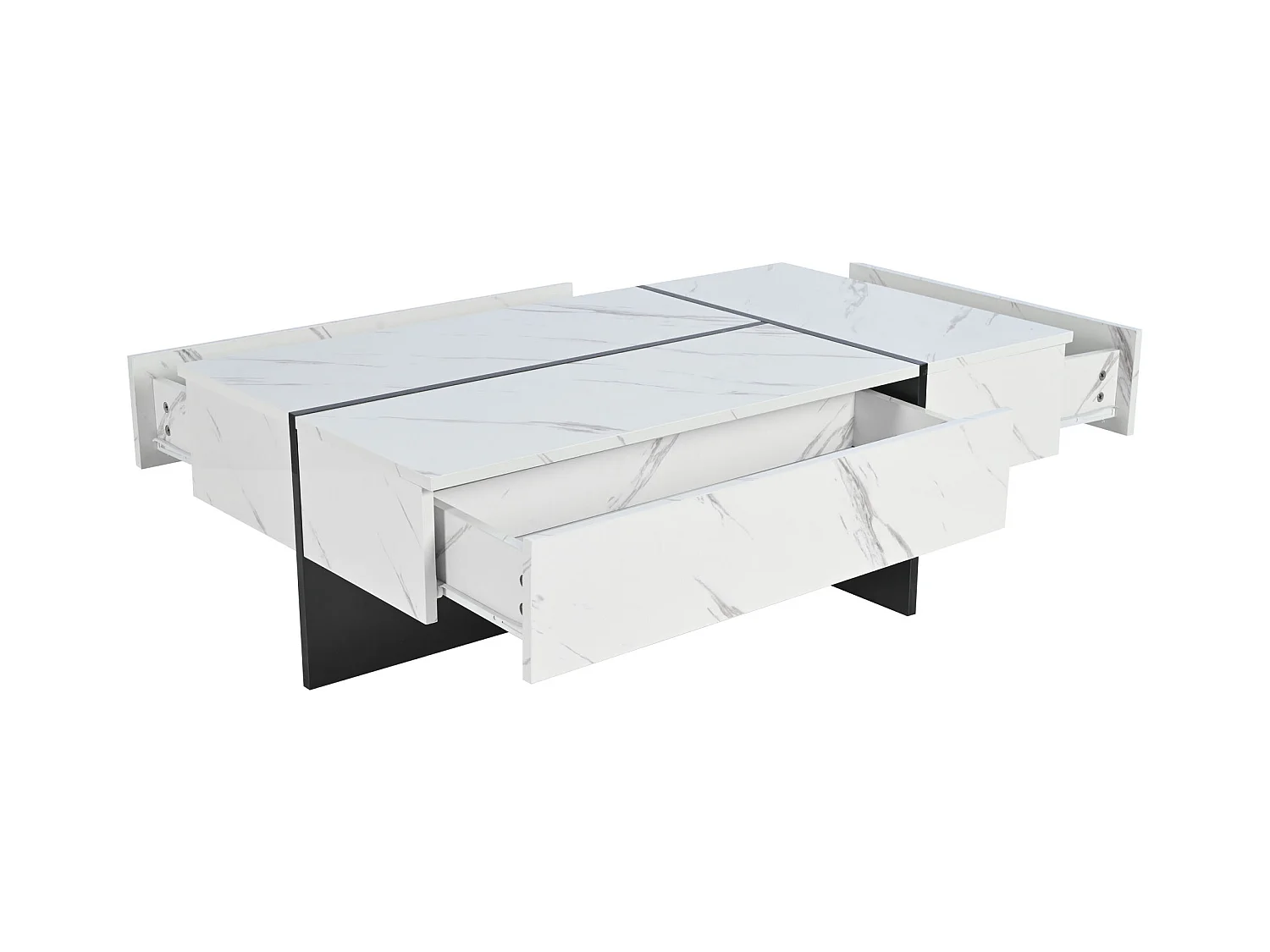 Table basse avec 3 tiroirs 105x60 cm, Éclairage LED, plateau en placage marbre blanc