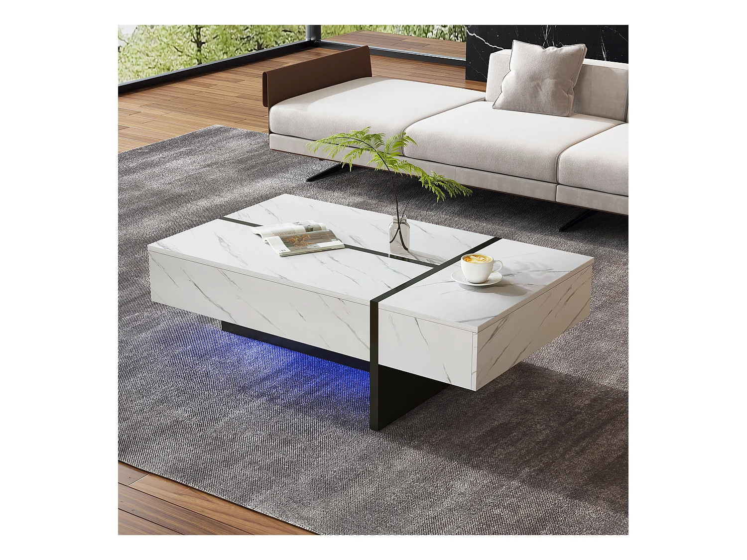 Table basse avec 3 tiroirs 105x60 cm, Éclairage LED, plateau en placage marbre blanc