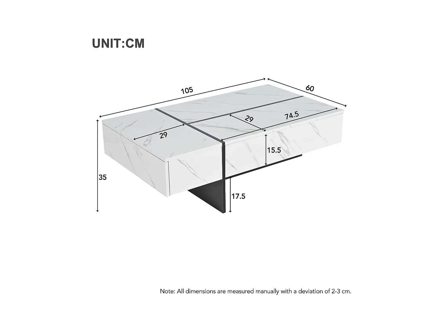 Table basse avec 3 tiroirs 105x60 cm, Éclairage LED, plateau en placage marbre blanc