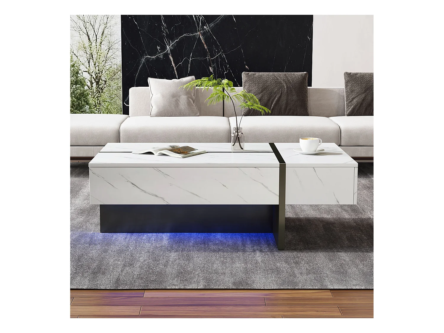 Table basse avec 3 tiroirs 105x60 cm, Éclairage LED, plateau en placage marbre blanc