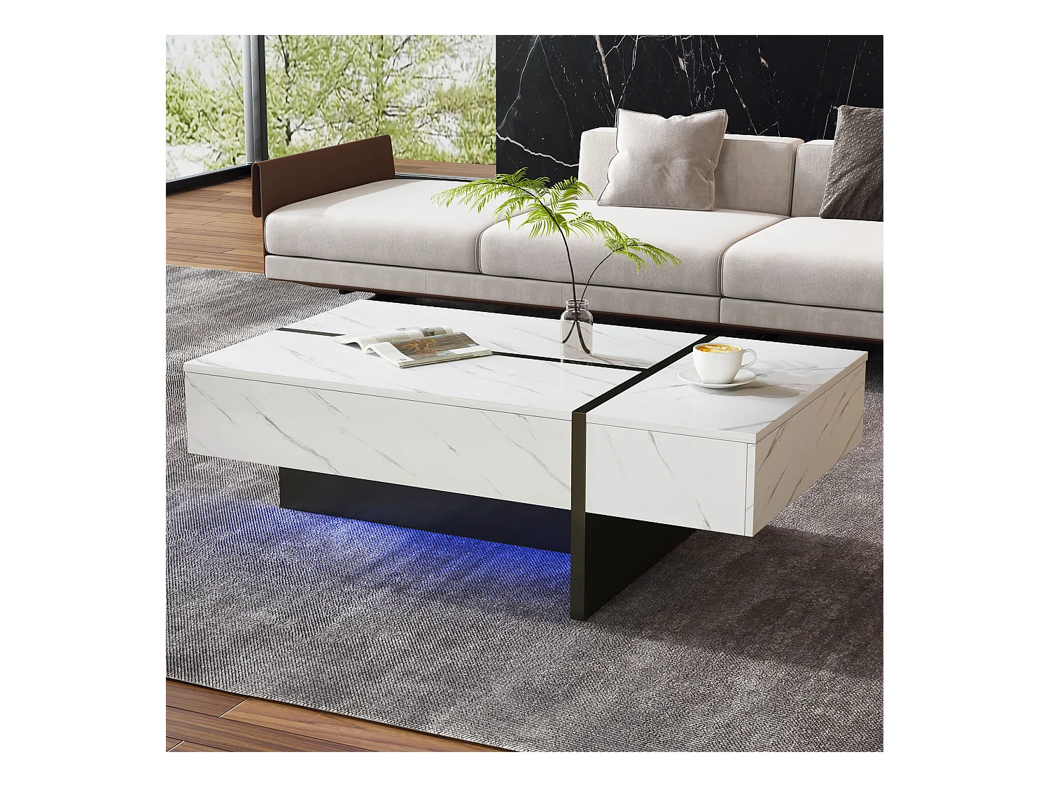 Table basse avec 3 tiroirs 105x60 cm, Éclairage LED, plateau en placage marbre blanc