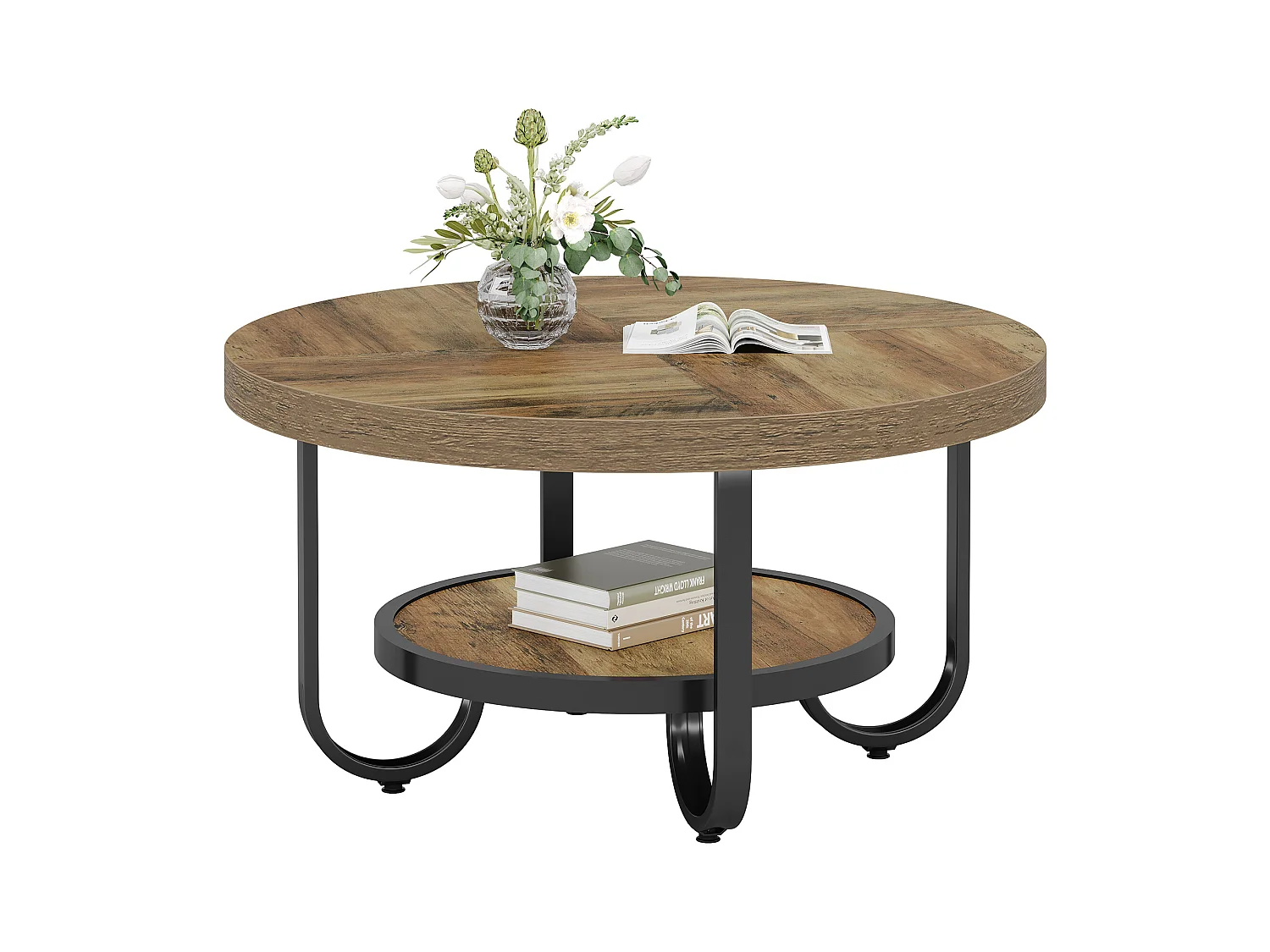 Table basse ronde pour salon, table centrale à 2 niveaux avec étagère de rangement