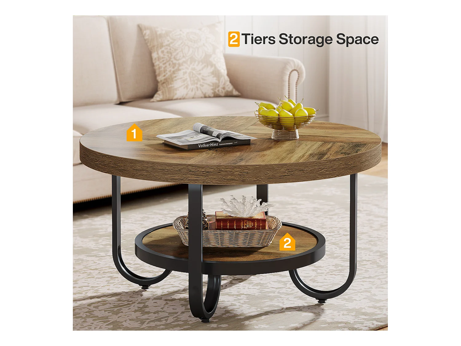 Table basse ronde pour salon, table centrale à 2 niveaux avec étagère de rangement