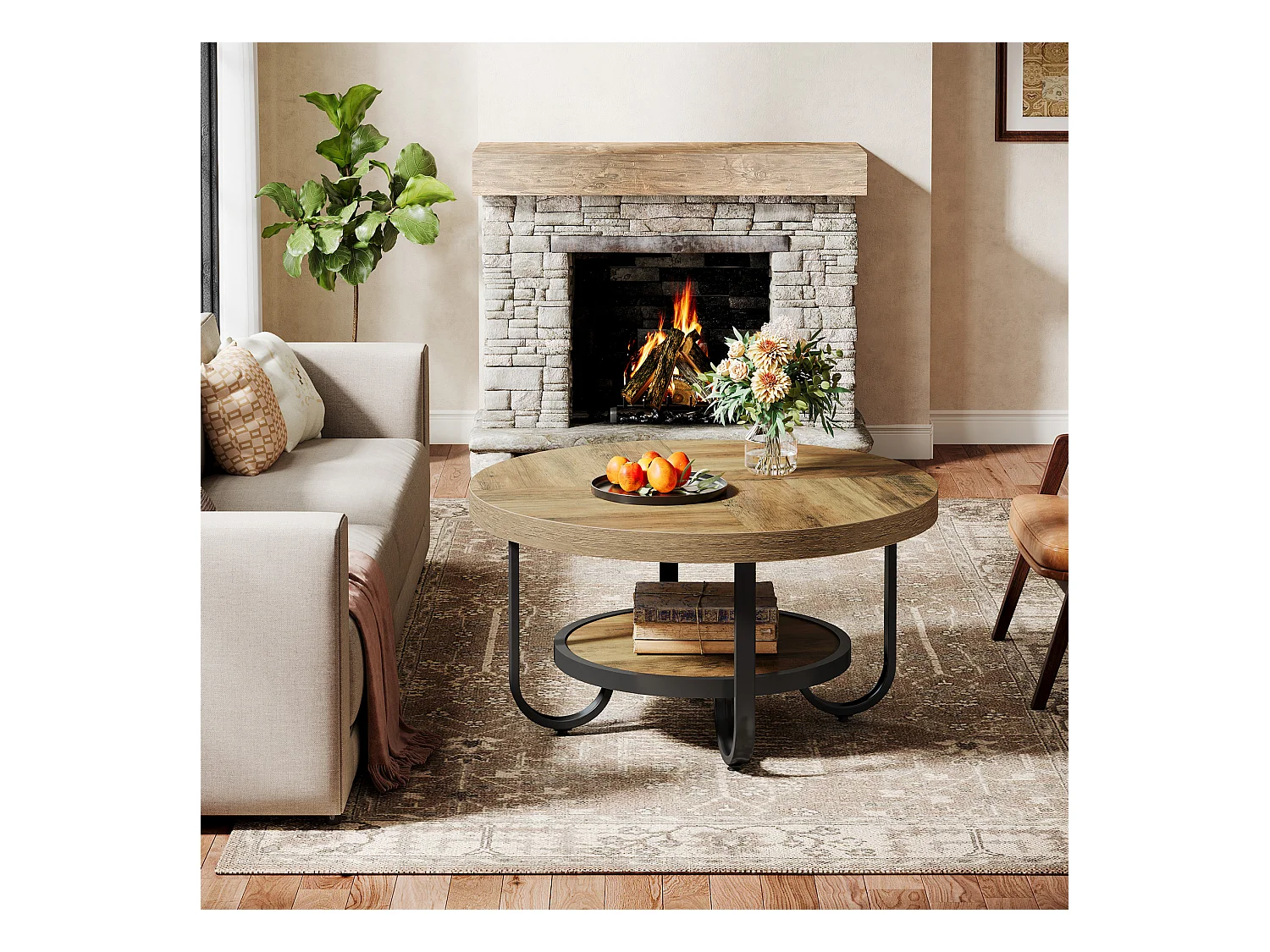 Table basse ronde pour salon, table centrale à 2 niveaux avec étagère de rangement