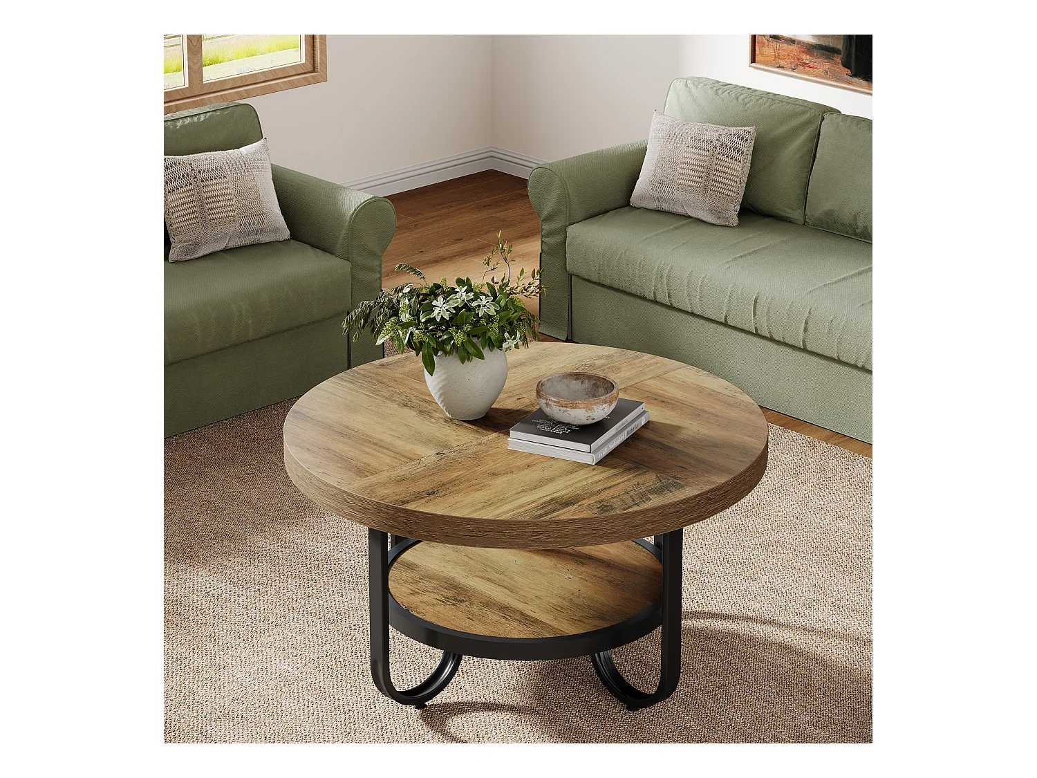 Table basse ronde pour salon, table centrale à 2 niveaux avec étagère de rangement