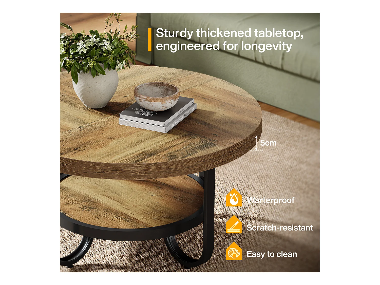 Table basse ronde pour salon, table centrale à 2 niveaux avec étagère de rangement