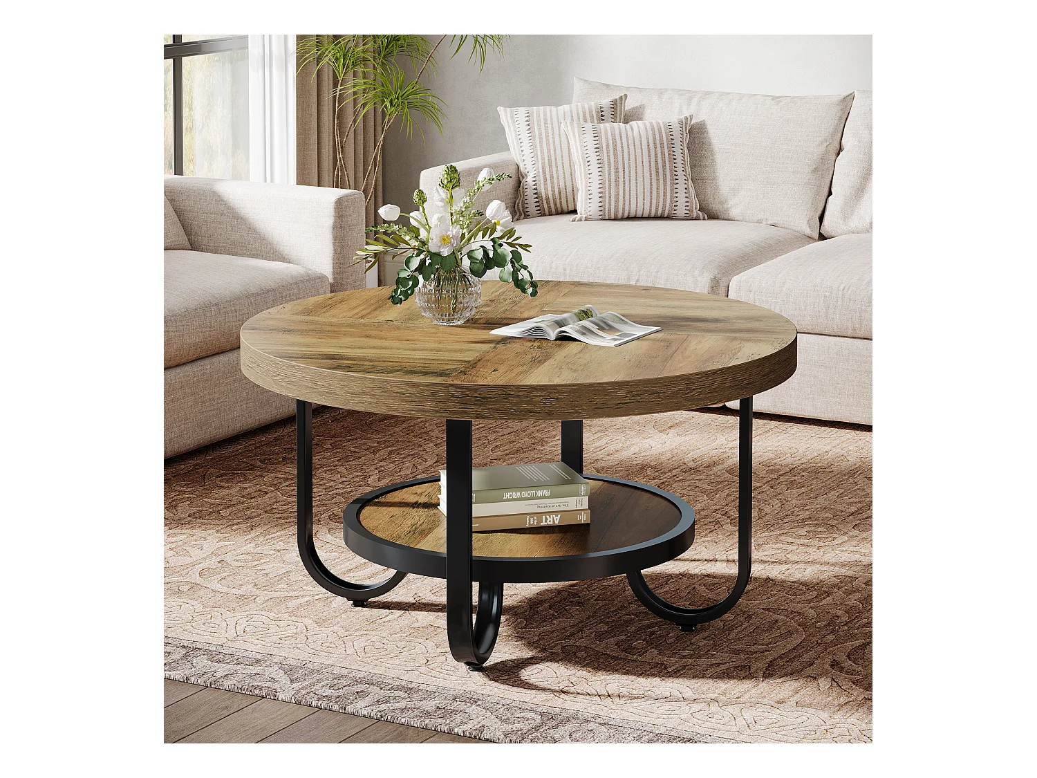 Table basse ronde pour salon, table centrale à 2 niveaux avec étagère de rangement