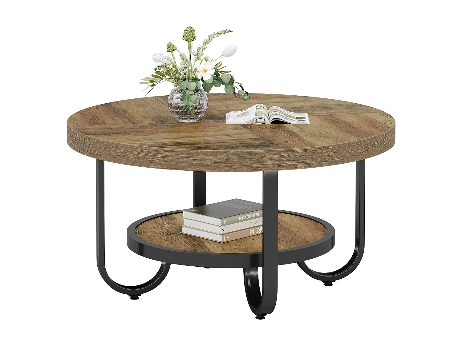 Mesa redonda baixa para sala de estar, mesa central com dois níveis e prateleira de armazenamento