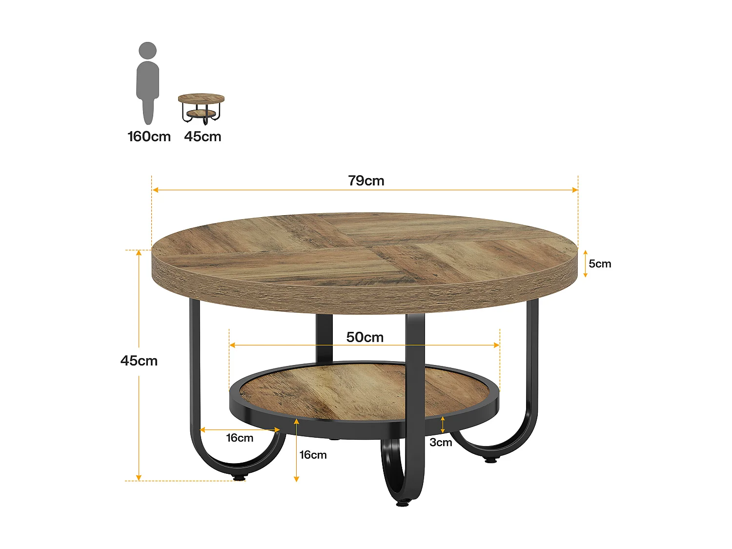 Mesa redonda baixa para sala de estar, mesa central com dois níveis e prateleira de armazenamento