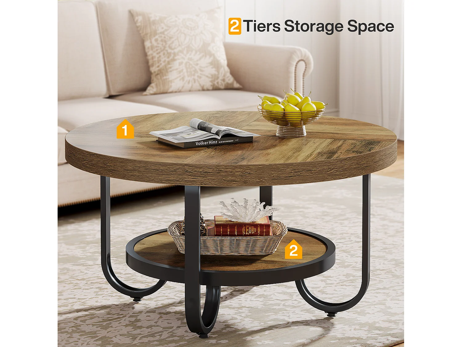 Mesa redonda baixa para sala de estar, mesa central com dois níveis e prateleira de armazenamento