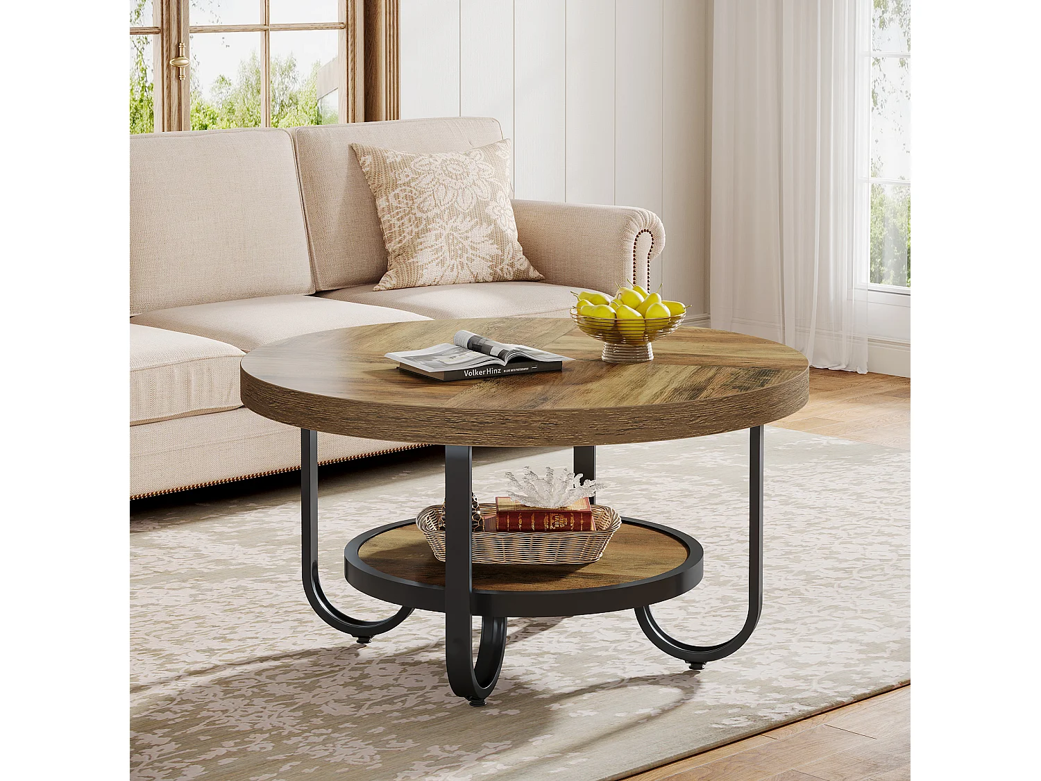 Mesa redonda baixa para sala de estar, mesa central com dois níveis e prateleira de armazenamento