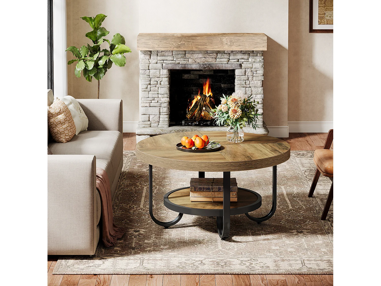 Mesa redonda baixa para sala de estar, mesa central com dois níveis e prateleira de armazenamento