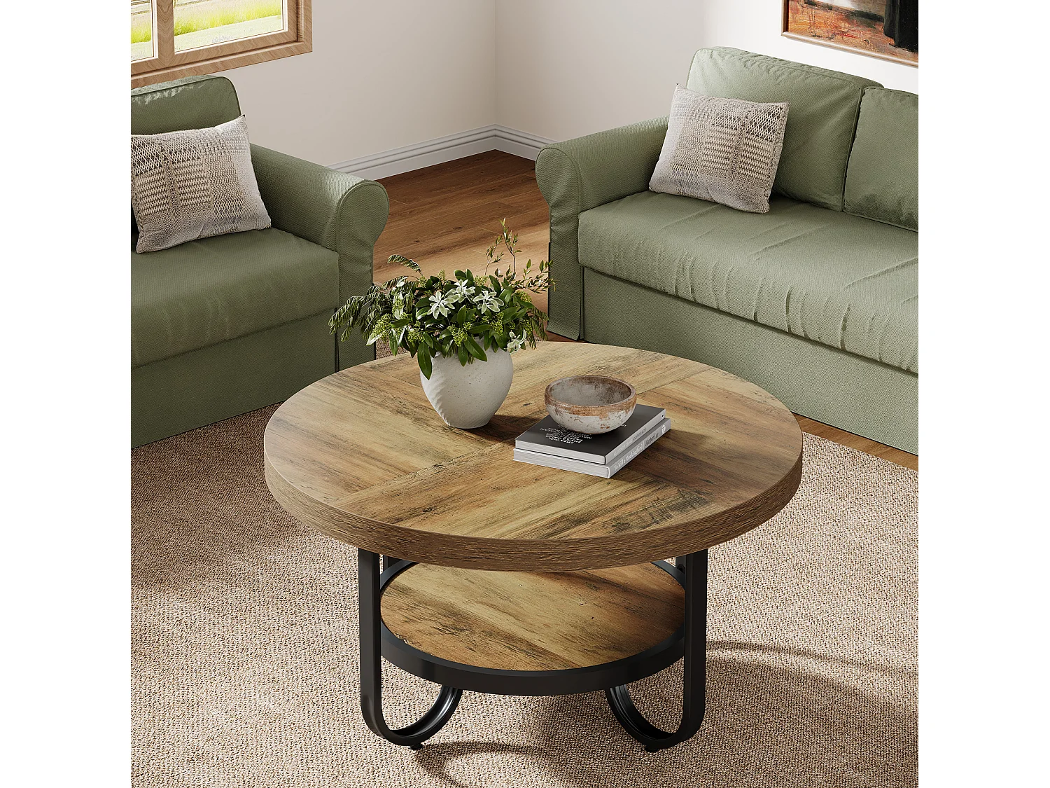 Mesa redonda baixa para sala de estar, mesa central com dois níveis e prateleira de armazenamento