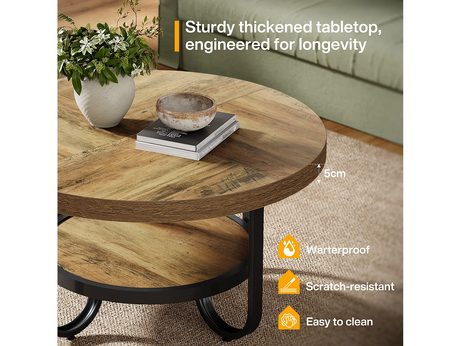 Mesa redonda baixa para sala de estar, mesa central com dois níveis e prateleira de armazenamento