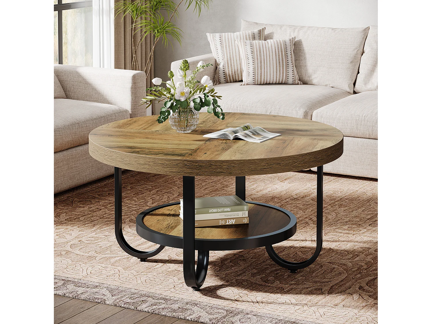 Mesa redonda baixa para sala de estar, mesa central com dois níveis e prateleira de armazenamento