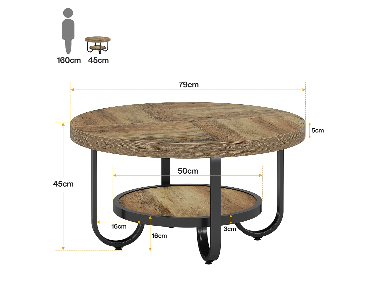 Runde Kleinseite für das Wohnzimmer, Zentertisch mit zwei Ebenen und einer Ablage zur Aufbewahrung