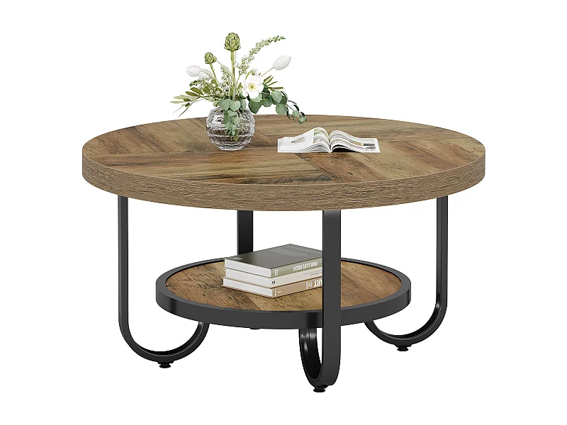Mesa redonda baixa para sala de estar, mesa central com dois níveis e prateleira de armazenamento