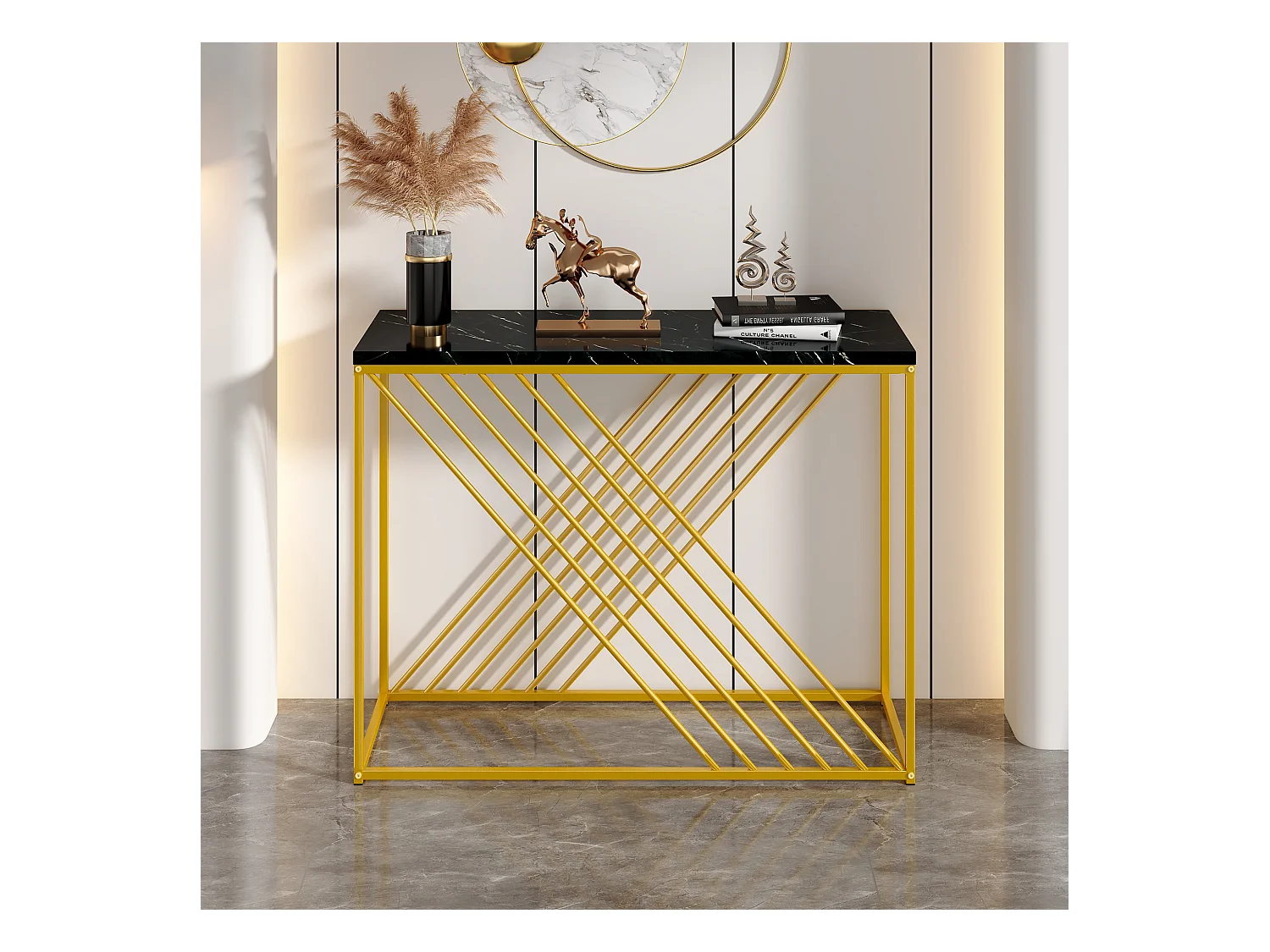 Stół Shiny Hall - 100 x 35 x 77 cm - ze złotą podstawą + Stolik pomocniczy - MDF + Metal - Biały + Złoty