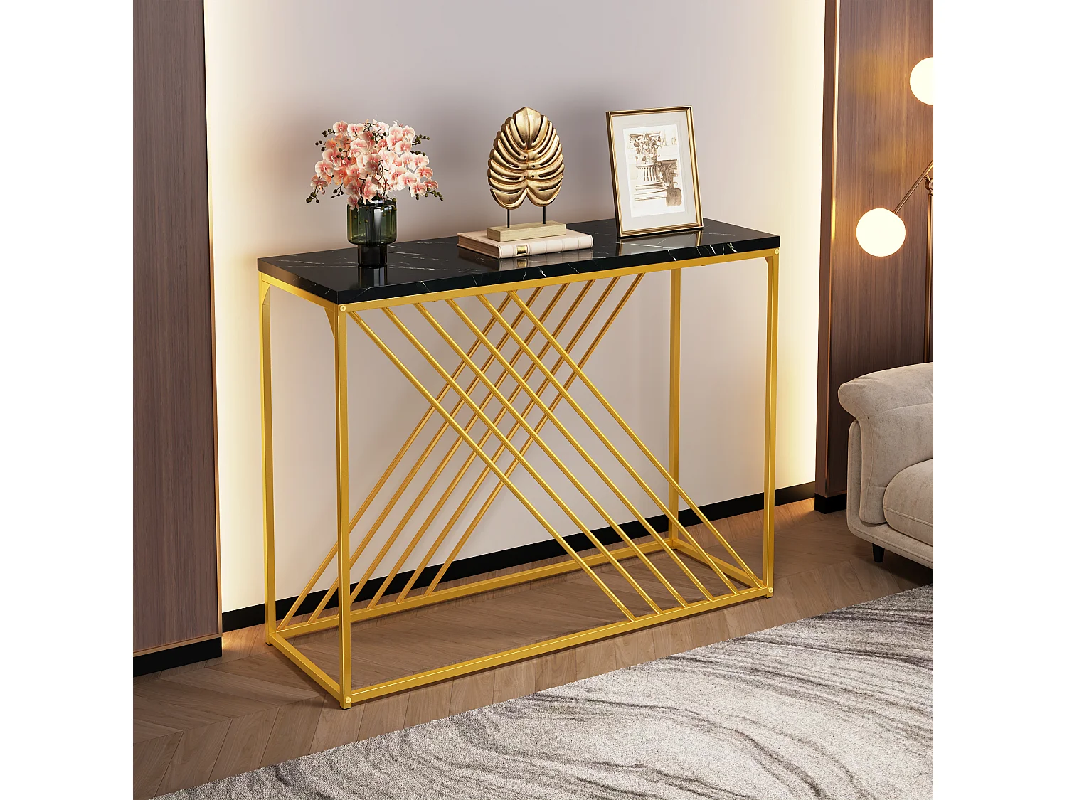 Tavolino da ingresso lucido - 100 x 35 x 77 cm - con base dorata + tavolino laterale - MDF + metallo - Bianco + oro