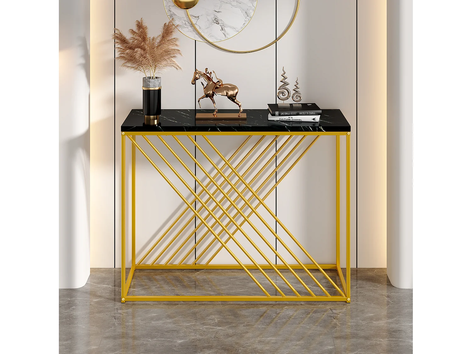 Tavolino da ingresso lucido - 100 x 35 x 77 cm - con base dorata + tavolino laterale - MDF + metallo - Bianco + oro