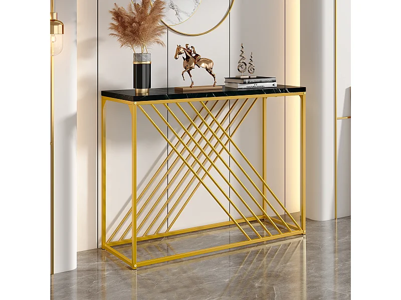 Table brillant pour l'entrée - 100 x 35 x 77 cm - avec base dorée + Table d'appoint - MDF + Métal - blanc + or