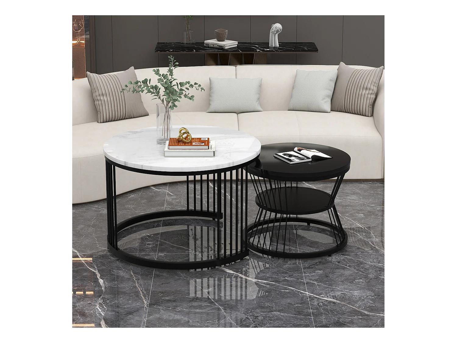 Lot de 2 tables basses gigognes rondes 70/45cm en placage marbre blanc, cadre en métal noir, système emboîtable
