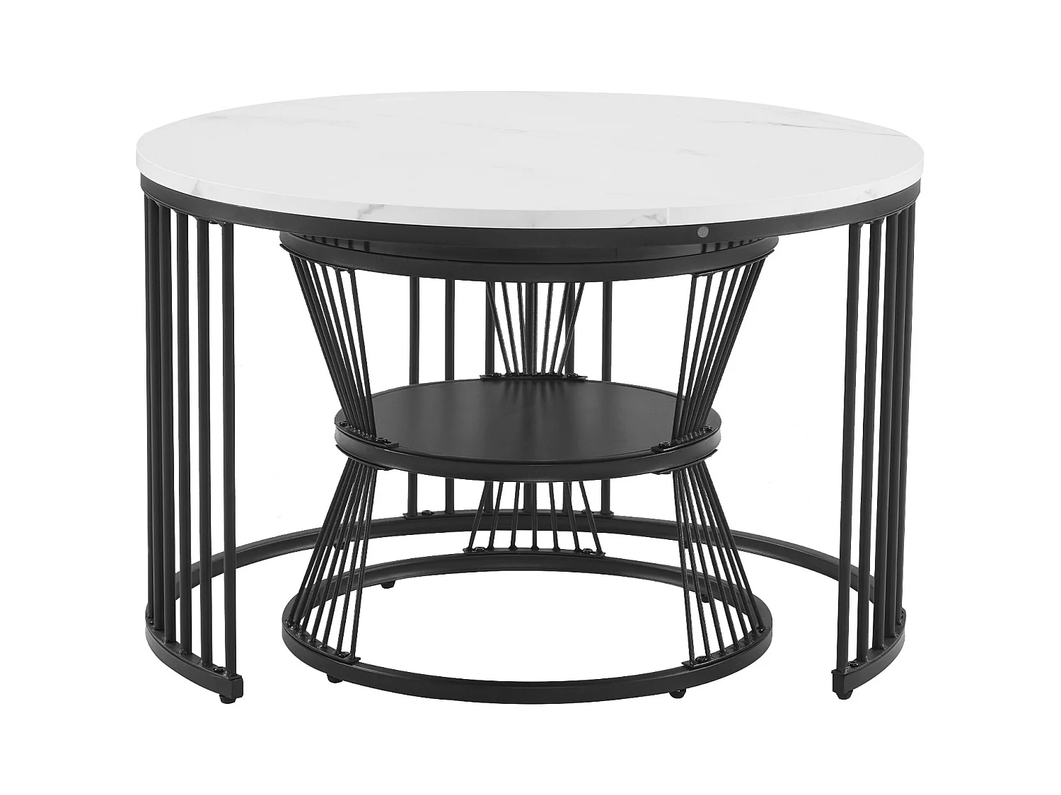Lot de 2 tables basses gigognes rondes 70/45cm en placage marbre blanc, cadre en métal noir, système emboîtable
