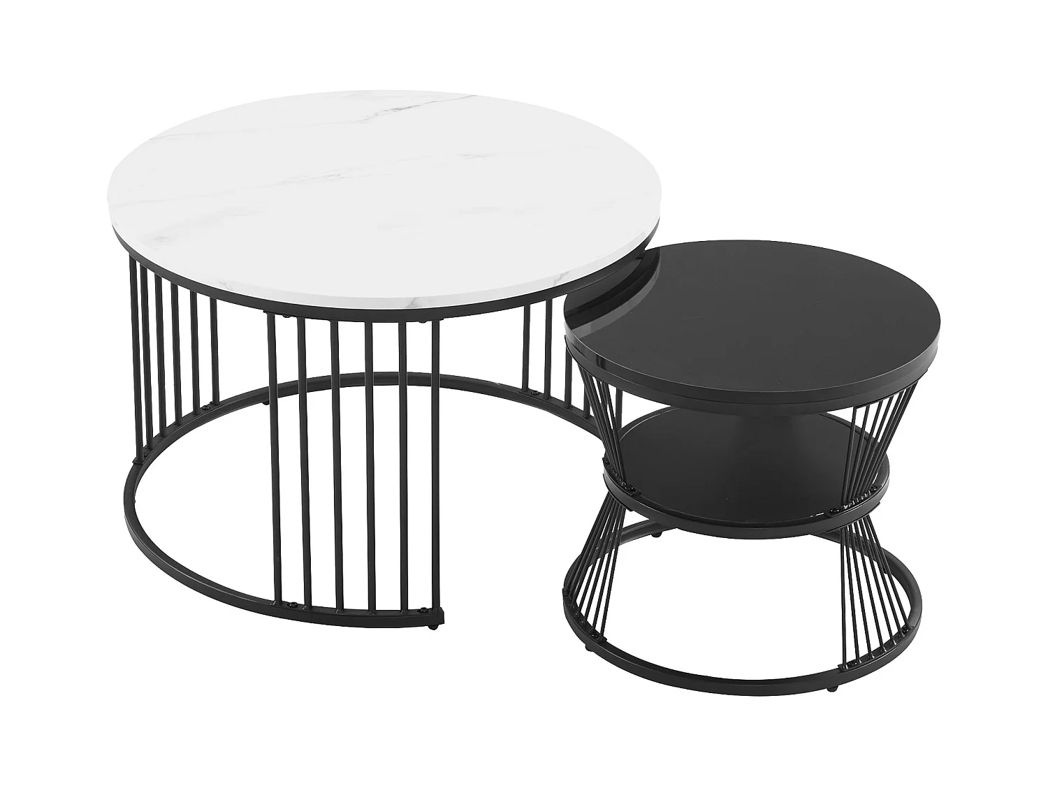 Lot de 2 tables basses gigognes rondes 70/45cm en placage marbre blanc, cadre en métal noir, système emboîtable