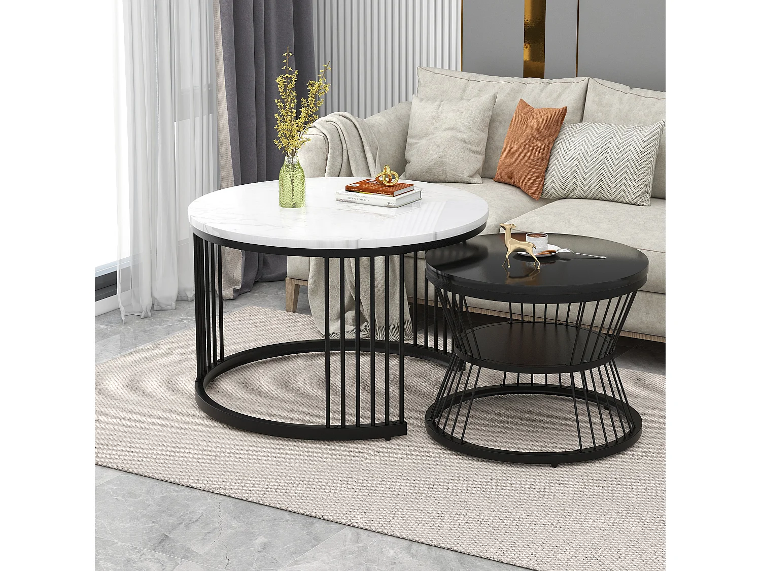 Lot de 2 tables basses gigognes rondes 70/45cm en placage marbre blanc, cadre en métal noir, système emboîtable