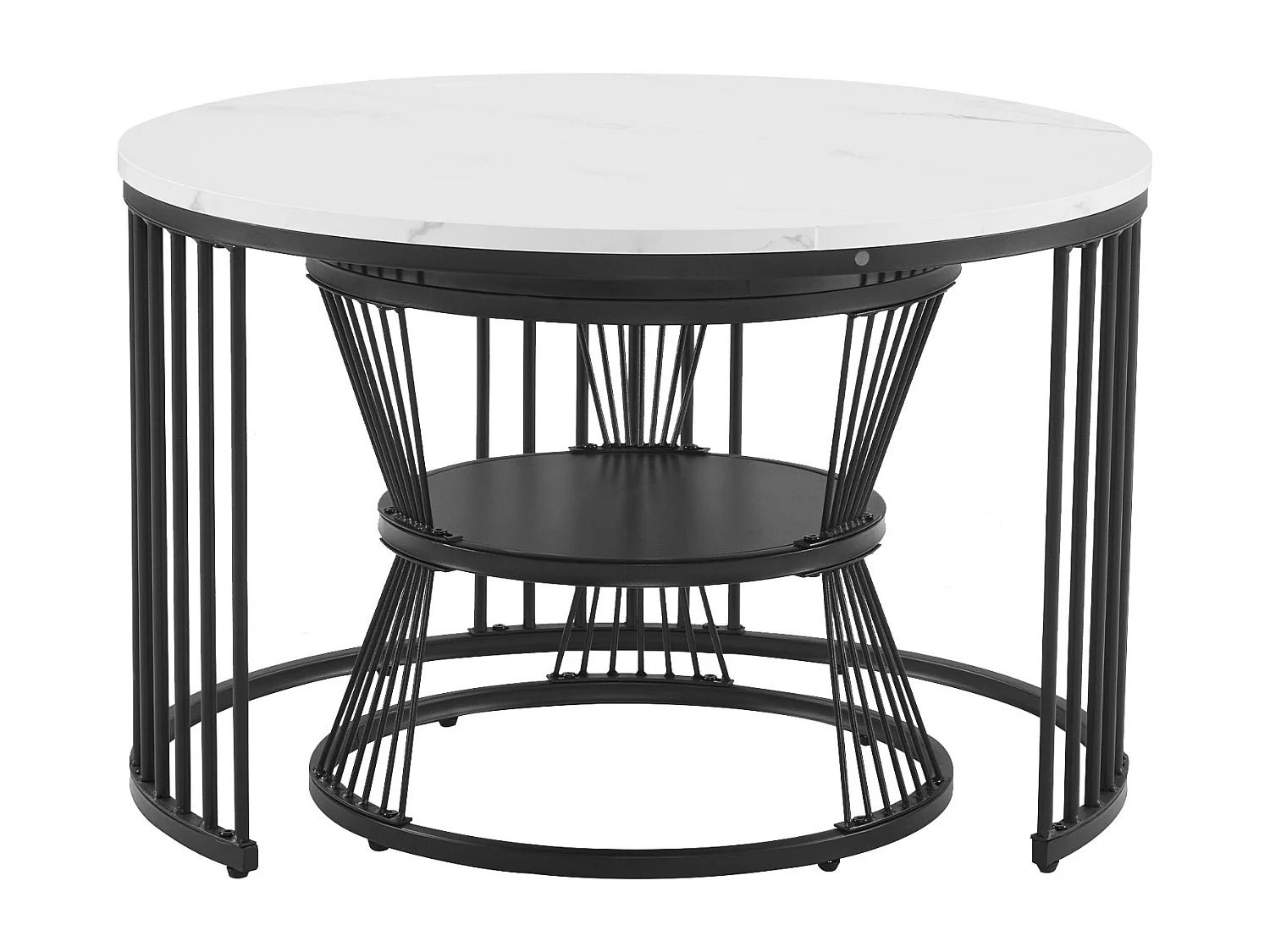 Lot de 2 tables basses gigognes rondes 70/45cm en placage marbre blanc, cadre en métal noir, système emboîtable
