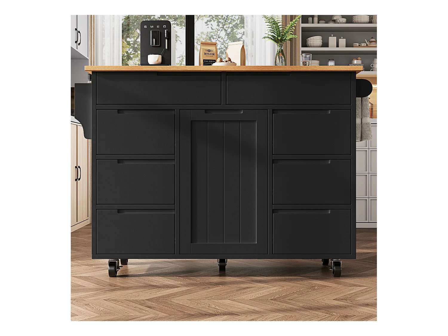 Îlot de cuisine à roulettes - 122 x 40 x 91.5 cm - chariot de cuisine extensibleet + 8 tiroirs - MDF - noir