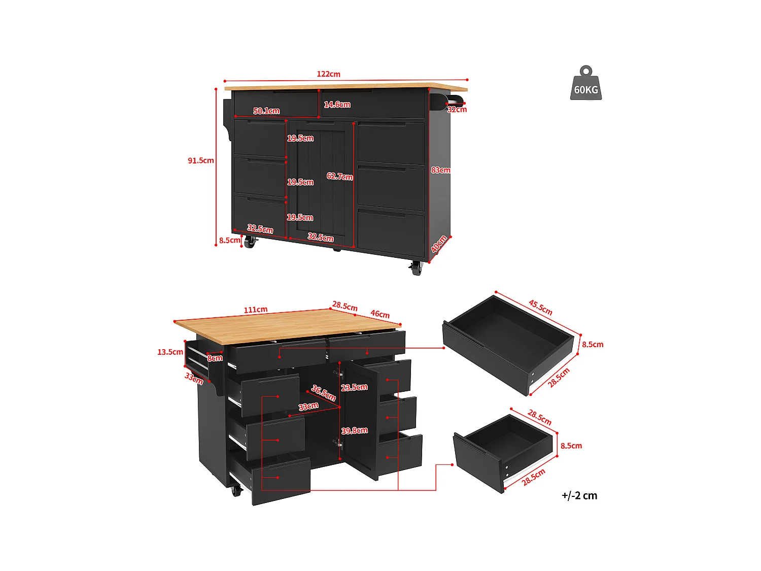 Îlot de cuisine à roulettes - 122 x 40 x 91.5 cm - chariot de cuisine extensibleet + 8 tiroirs - MDF - noir